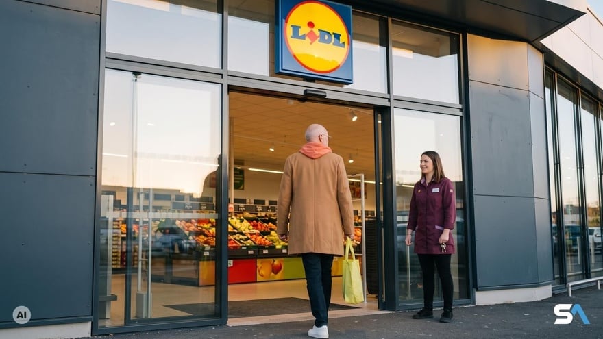 Un client entre dans un magasin Lidl à l'ouverture - Illustration générée par IA Un client entre dans un magasin Lidl à l'ouverture - Illustration générée par IA