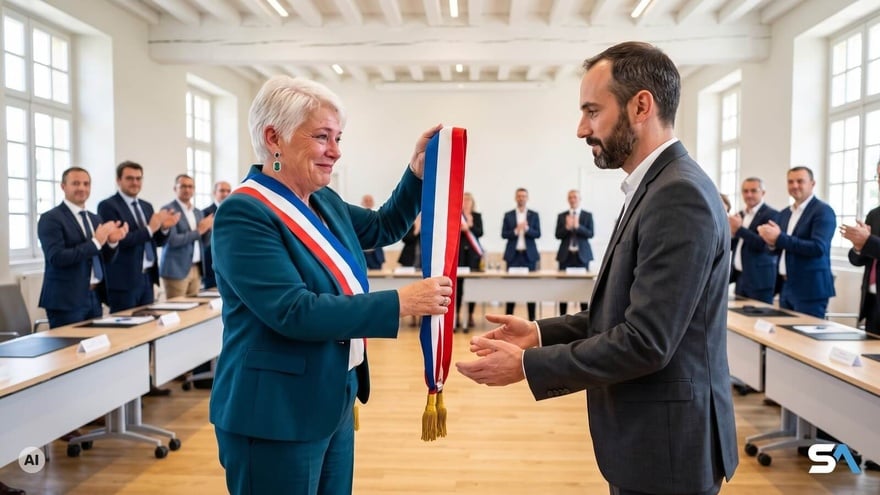 Une maire remet son écharpe tricolore à son successeur - Illustration générée par IA Une maire remet son écharpe tricolore à son successeur - Illustration générée par IA