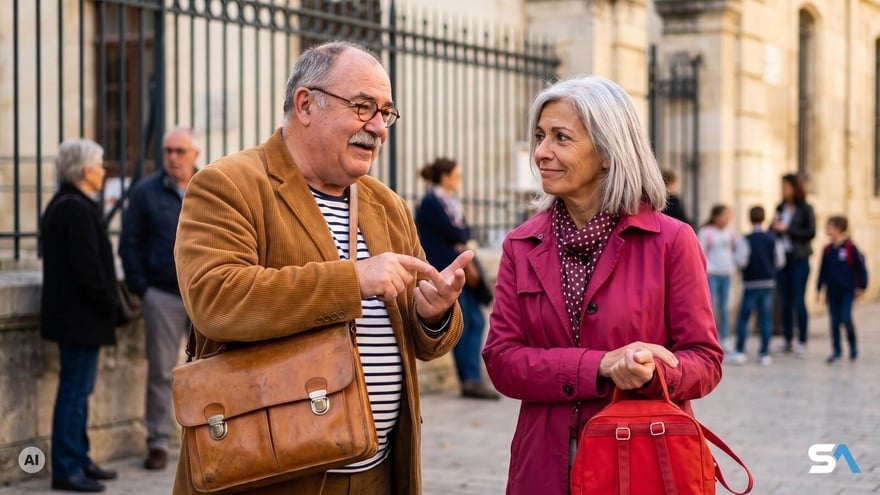 Un instituteur retraité et une retraitée du privé devant une école - Illustration générée par IA Un instituteur retraité et une retraitée du privé devant une école - Illustration générée par IA