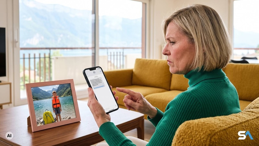 Une femme hésite devant un SMS au sujet de la colonie de son petit-fils - Illustration générée par IA