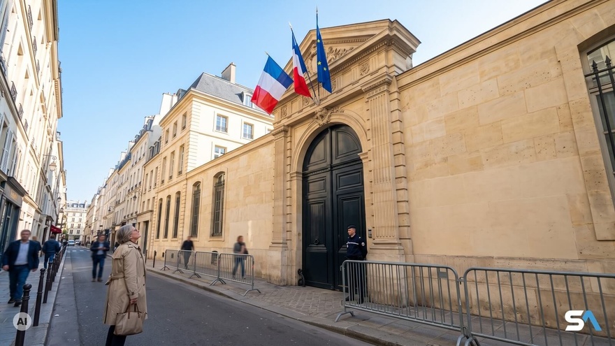 Une passante devant le ministère de l'Éducation nationale, rue de Grenelle à Paris - Illustration générée par IA