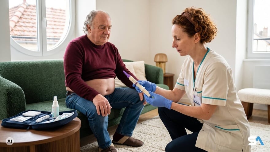 Une infirmière injecte un implant à un homme chez lui - Illustration générée par IA Une infirmière injecte un implant à un homme chez lui - Illustration générée par IA