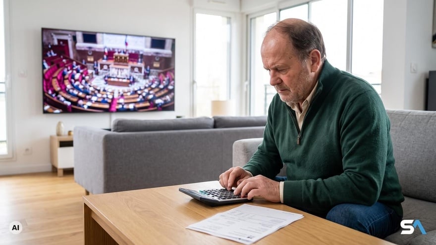 Un retraité additionne ses pensions devant la séance de l'Assemblée à la télévision - Illustration générée par IA