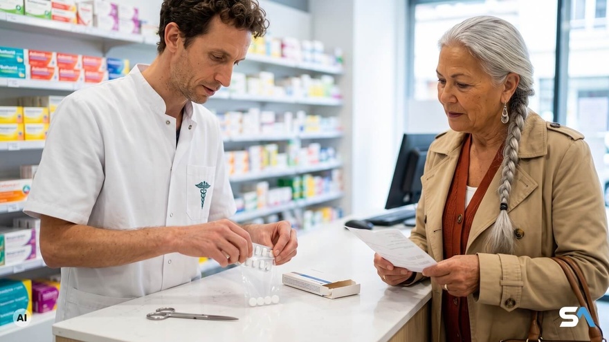 Un pharmacien glisse trois comprimés dans un sachet devant une cliente - Illustration générée par IA