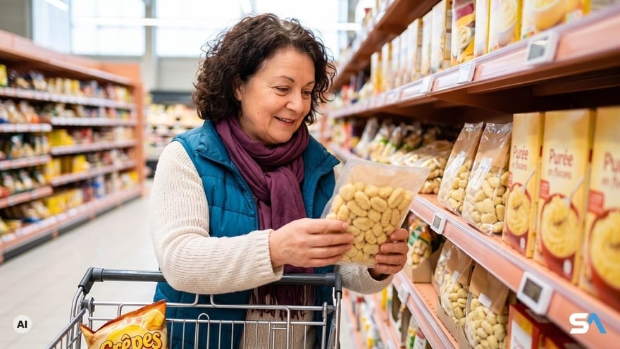Une femme prend un paquet de gnocchis dans un rayon de supermarché - Illustration générée par IA Une femme prend un paquet de gnocchis dans un rayon de supermarché - Illustration générée par IA