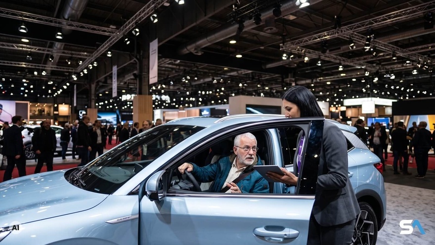 Un homme au volant d'une voiture électrique exposée, une vendeuse à ses côtés - Illustration générée par IA