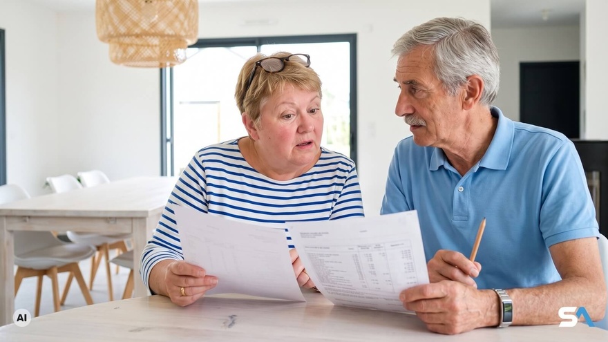 Un couple de retraités compare ses deux avis de paiement de pension - Illustration générée par IA