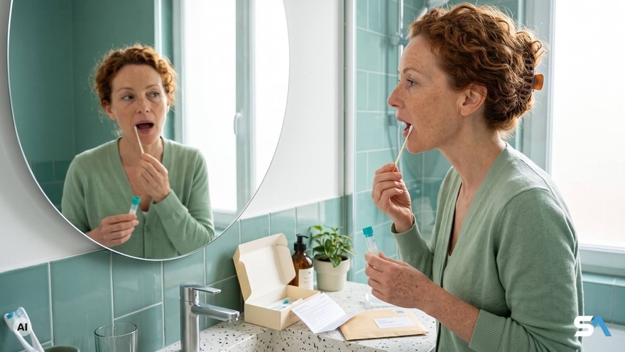 Une femme fait un prélèvement buccal devant le miroir de sa salle de bains - Illustration générée par IA