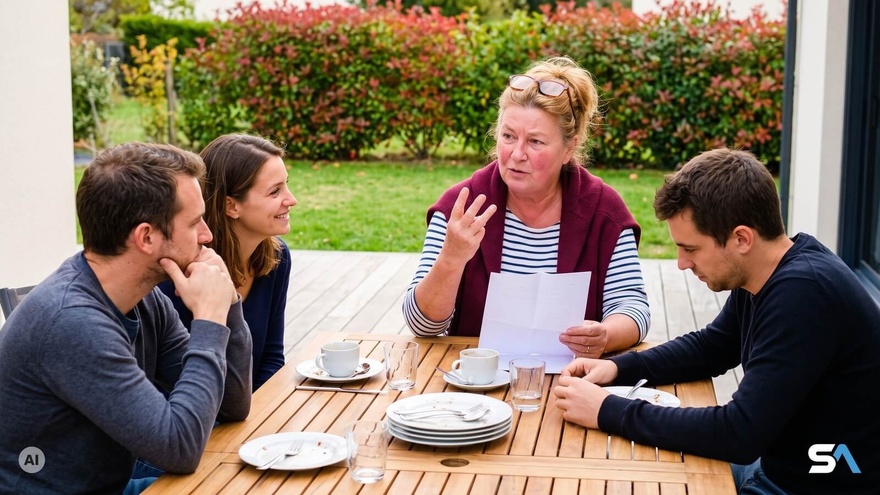Une mère montre trois doigts à ses trois enfants adultes autour d'une table de jardin - Illustration générée par IA