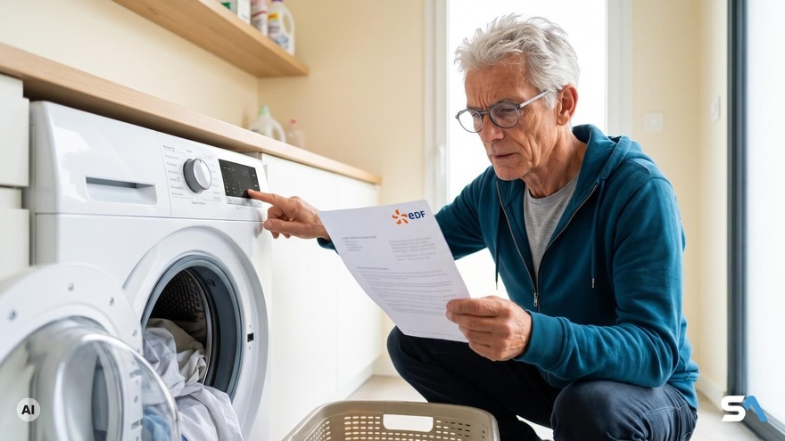 Un homme règle le départ différé de son lave-linge, courrier d'EDF en main - Illustration générée par IA