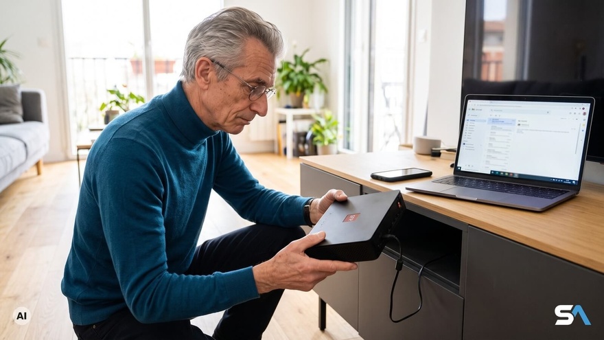 Un client SFR examine sa box internet dans son salon - Illustration générée par IA
