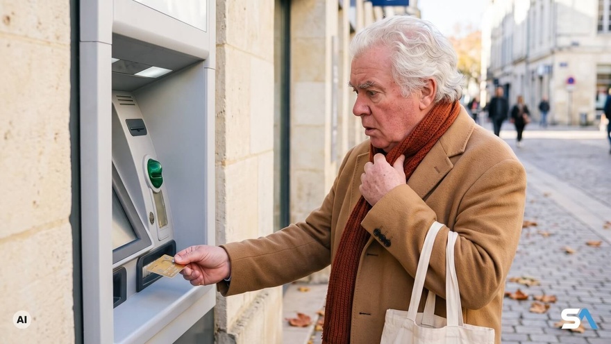 Un retraité récupère sa carte bancaire à un distributeur dans une rue de Poitiers - Illustration générée par IA