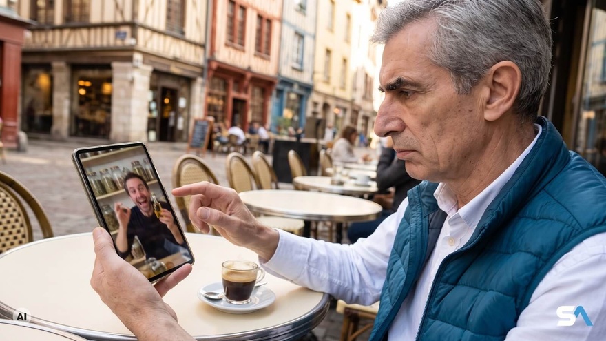 Un retraité examine avec méfiance une vidéo santé sur son téléphone - Illustration générée par IA