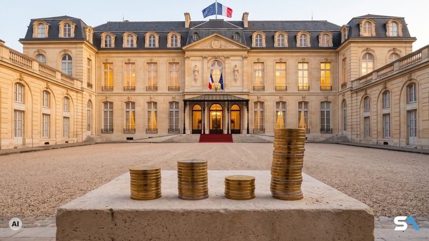 Une rangée de quatre piles de pièces d'euro dans la cour de l'Élysée - Illustration générée par IA Une rangée de quatre piles de pièces d'euro dans la cour de l'Élysée - Illustration générée par IA