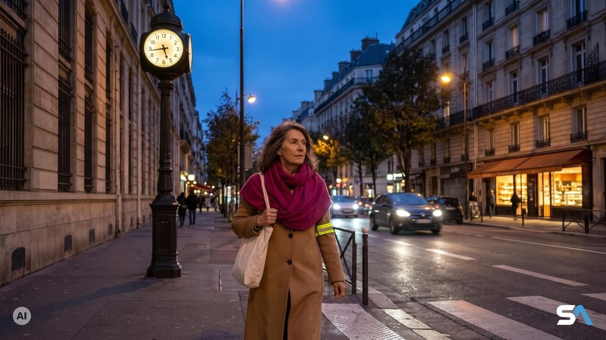 Une femme rentre à pied sous une horloge de rue parisienne à la nuit tombante - Illustration générée par IA