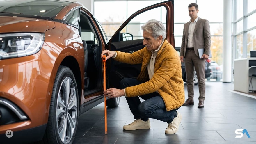 Un retraité mesure la hauteur d'un siège de voiture en concession - Illustration générée par IA
