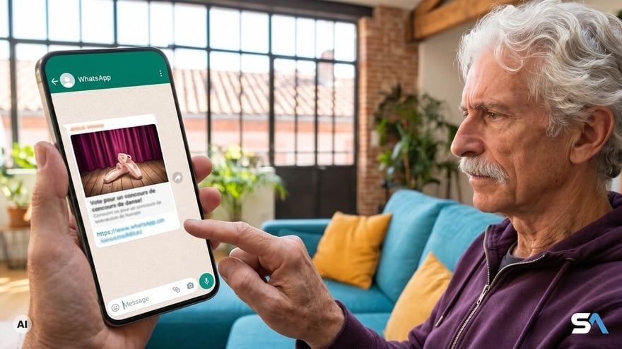 Un retraité hésite devant un message de vote reçu sur WhatsApp - Illustration générée par IA Un retraité hésite devant un message de vote reçu sur WhatsApp - Illustration générée par IA