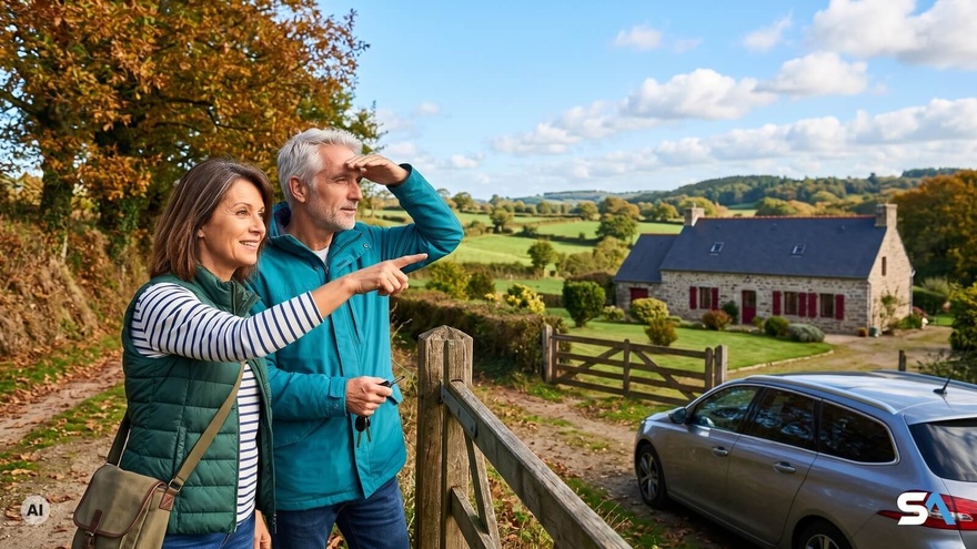 Un couple de jeunes retraités visite un coin de bocage en Bretagne intérieure - Illustration générée par IA