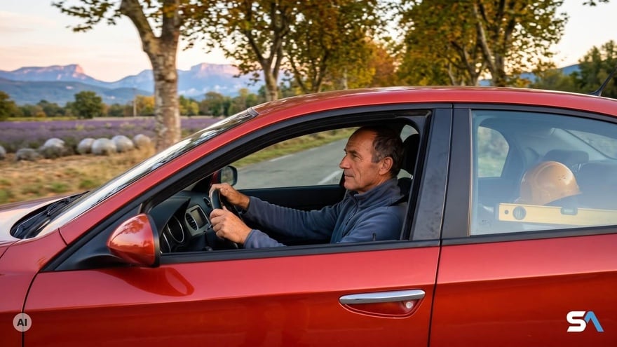 Un homme de 60 ans part sur son chantier au volant de sa berline - Illustration générée par IA