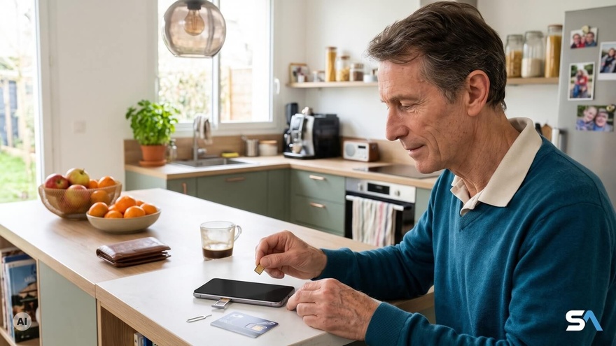 Un homme glisse une nouvelle carte SIM dans son smartphone - Illustration générée par IA