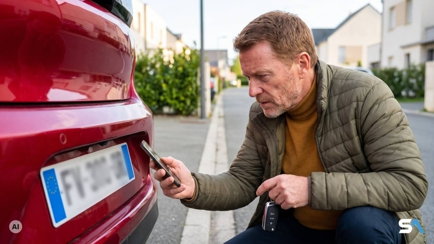 Un automobiliste compare son téléphone à la plaque de sa voiture - Illustration générée par IA Un automobiliste compare son téléphone à la plaque de sa voiture - Illustration générée par IA