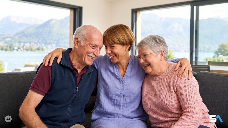 Une femme rit avec ses deux parents âgés sur un canapé - Illustration générée par IA