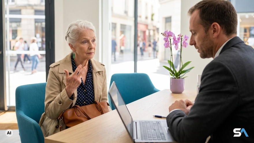 Une retraitée compte les années sur ses doigts face à son conseiller - Illustration générée par IA