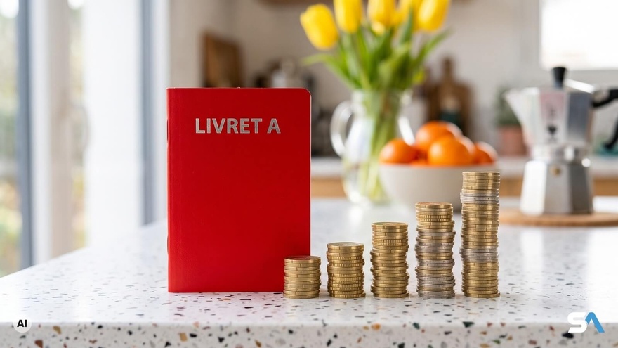 Un Livret A rouge à côté de colonnes de pièces en euros croissantes - Illustration générée par IA