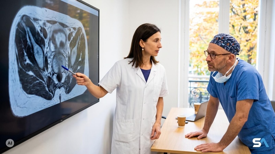 Un chirurgien et une radiothérapeute étudient une IRM de la prostate - Illustration générée par IA