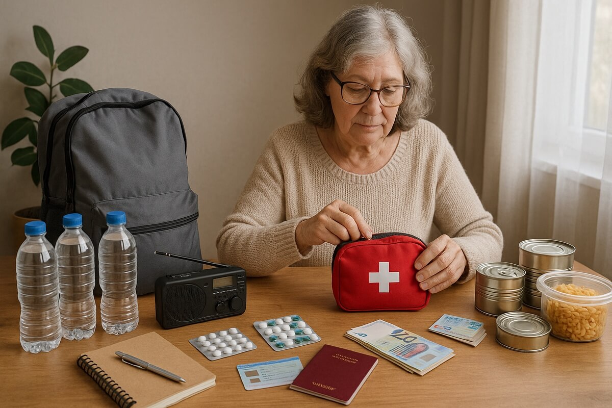 Femme senior préparant son kit de survie (image générée par IA) © Senioractu.com