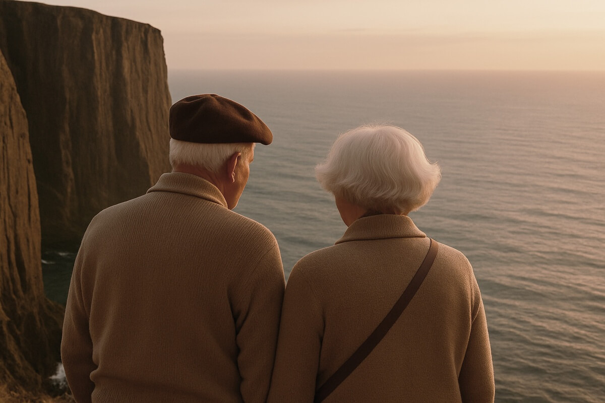 Couple agé au bord d'une falaise, faisant face à l'océan © Senioractu.com