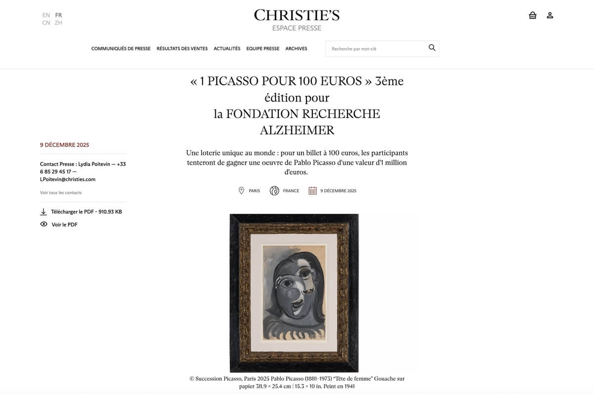 © Christie's / © Succession Picasso, Paris 2025 Pablo Picasso (1881–1973) “Tête de femme” Gouache sur papier 38.9 x 25.4 cm | 15.3 x 10 in. Peint en 1941 / © Fondation Recherche Alzheimer