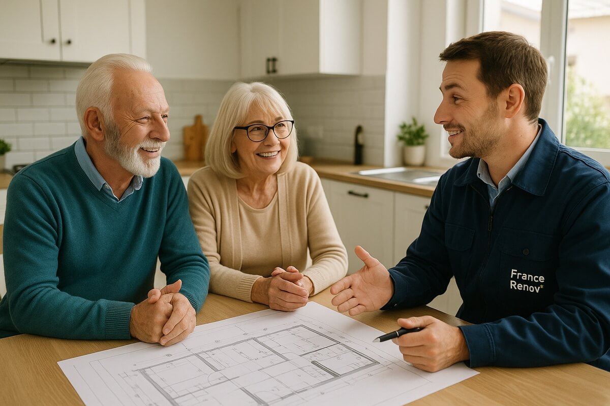 Couple de retraités consultant un expert pour les travaux MaPrimeAdapt' 2025 financés par l'Anah. (image générée par IA)