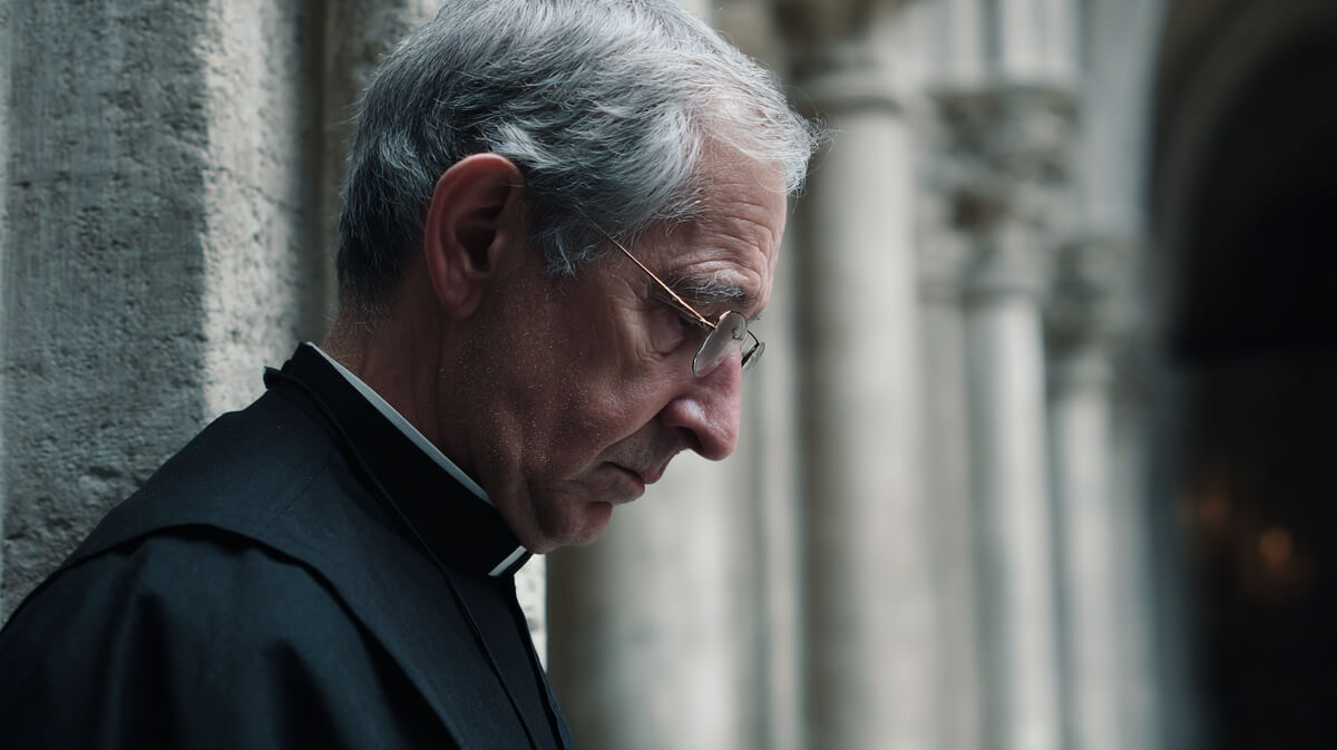 Prêtre âgé en soutane noire dans une église, illustration des ecclésiastiques retraités victimes d'escroquerie