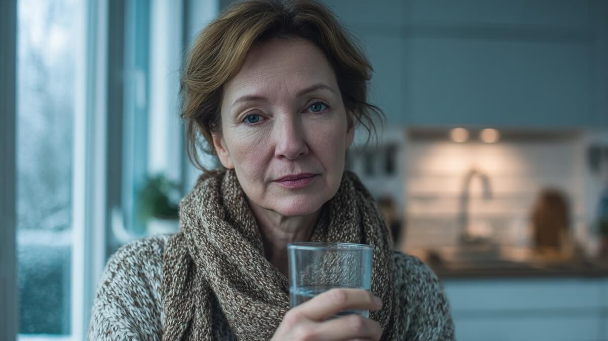 Une femme senior tient un verre d'eau dans sa cuisine, l'air préoccupé, illustrant l'importance de l'hydratation pour prévenir les complications de la gastro-entérite © SeniorActu