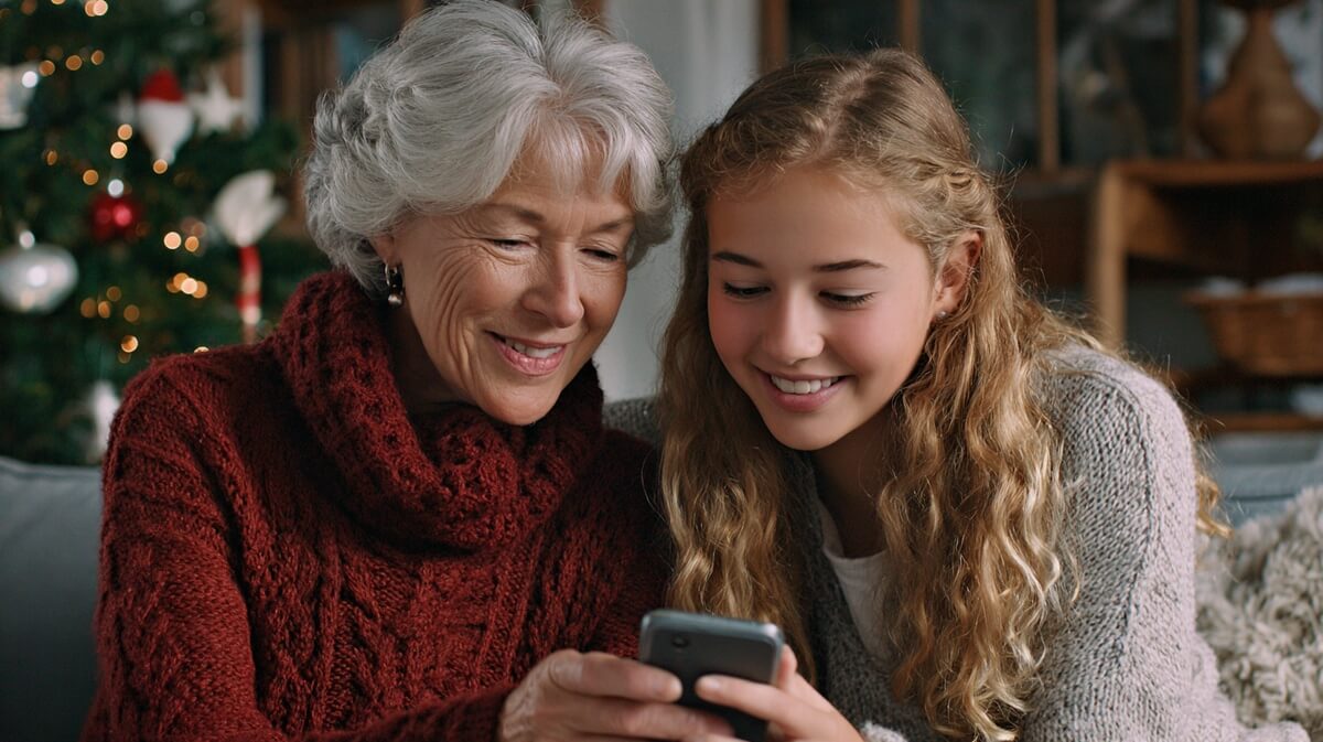 Grand-mère et petite-fille regardant ensemble un smartphone pendant les fêtes de Noël © SeniorActu