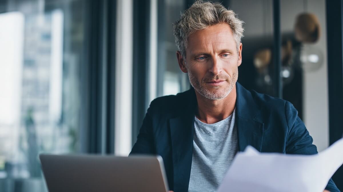 Un homme de 55 ans vérifie son relevé de carrière sur ordinateur pour sa retraite © SeniorActu