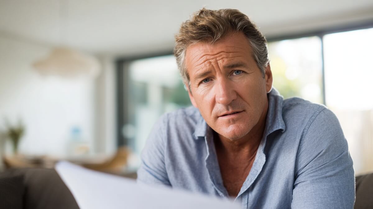 Homme senior consultant des documents de succession avec un air préoccupé © SeniorActu