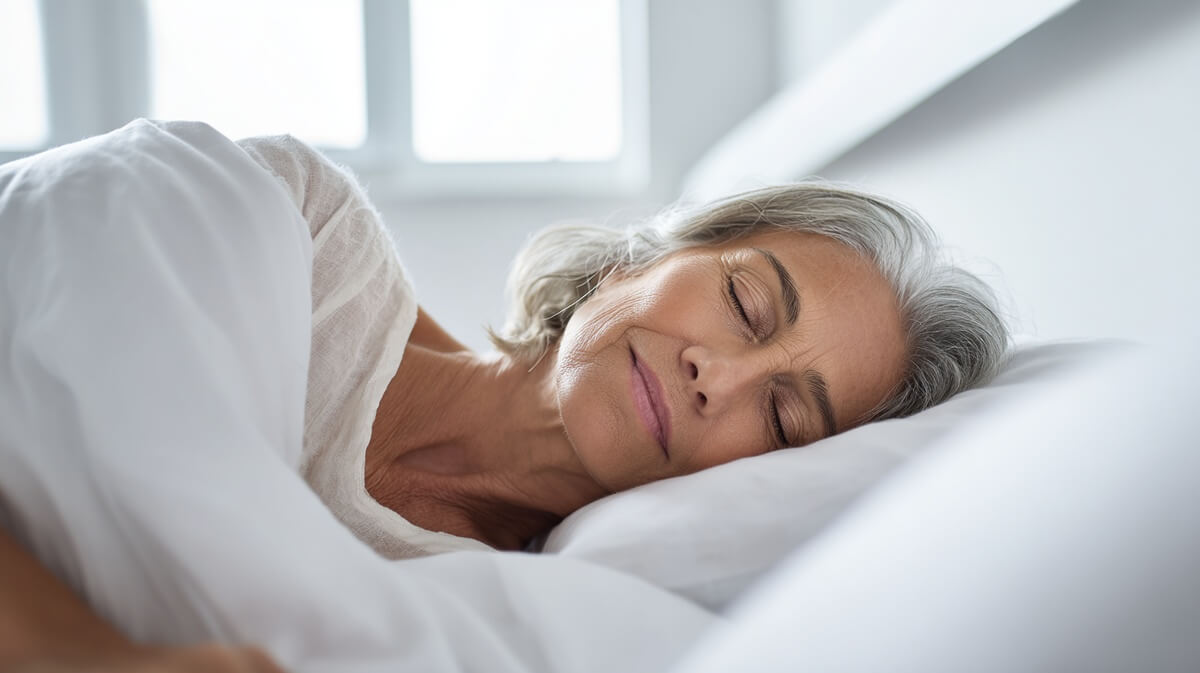 Une femme de 55 ans dort paisiblement dans une chambre lumineuse aux draps blancs © SeniorActu