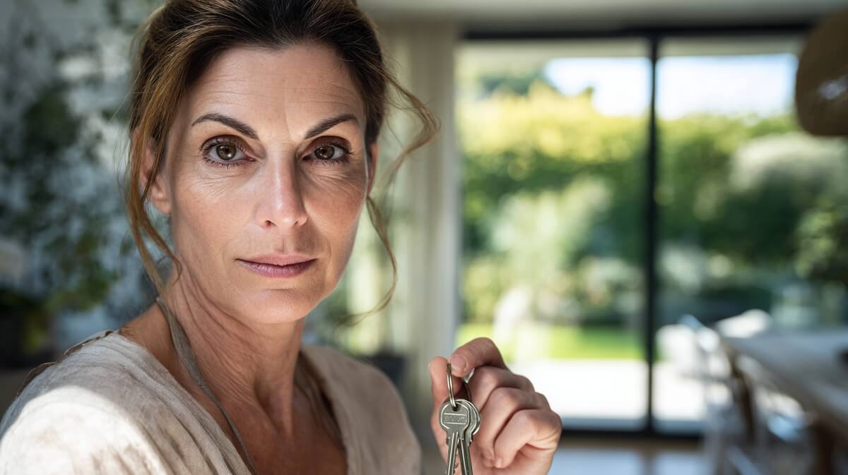 Femme senior tenant des clés de maison avec une expression déterminée © SeniorActu