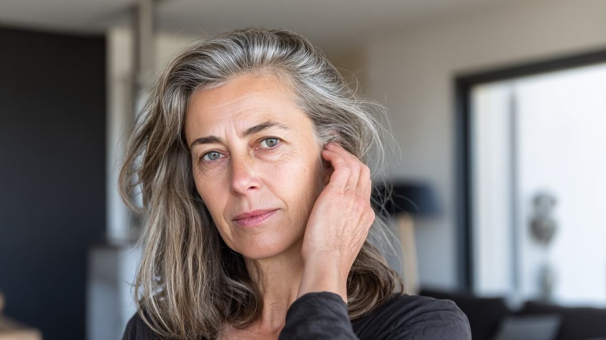 Une femme de 50 ans porte sa main à son oreille bouchée avec une expression préoccupée © SeniorActu