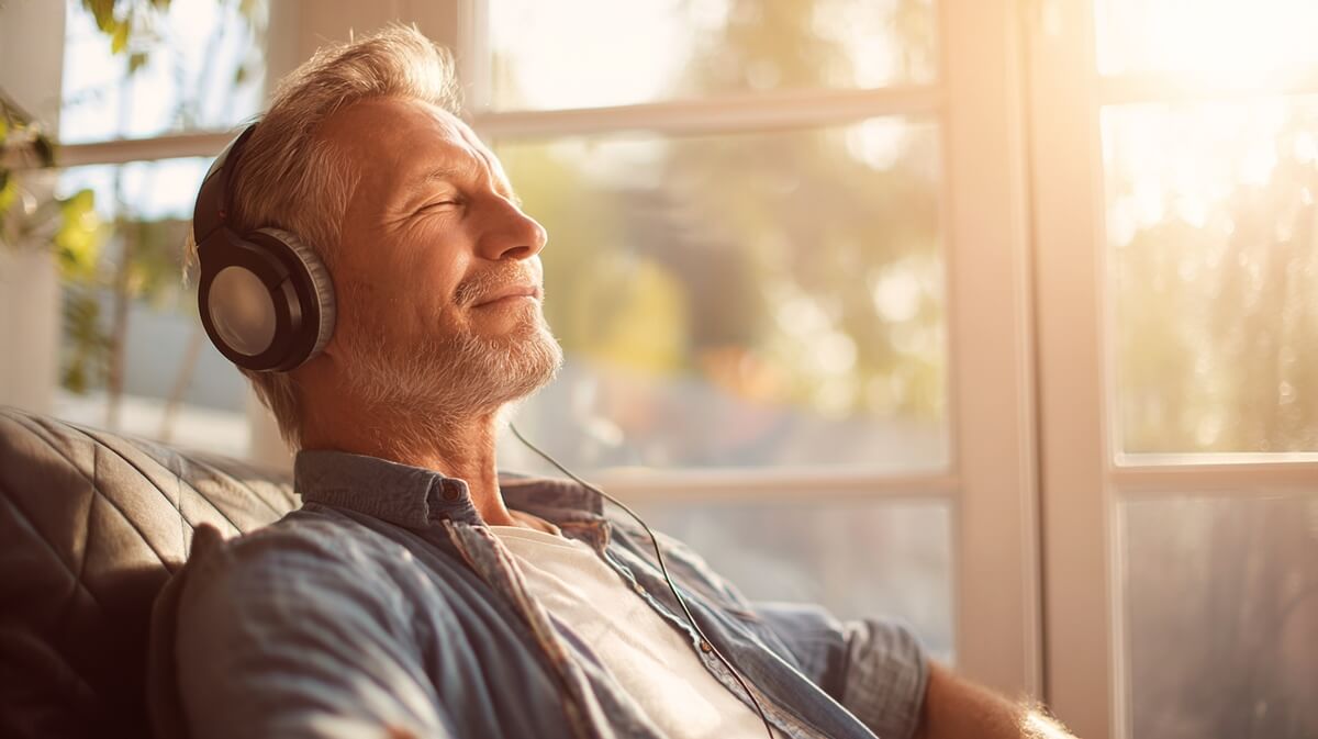 Senior écoutant de la musique avec un casque, visage apaisé, dans un intérieur lumineux © SeniorActu