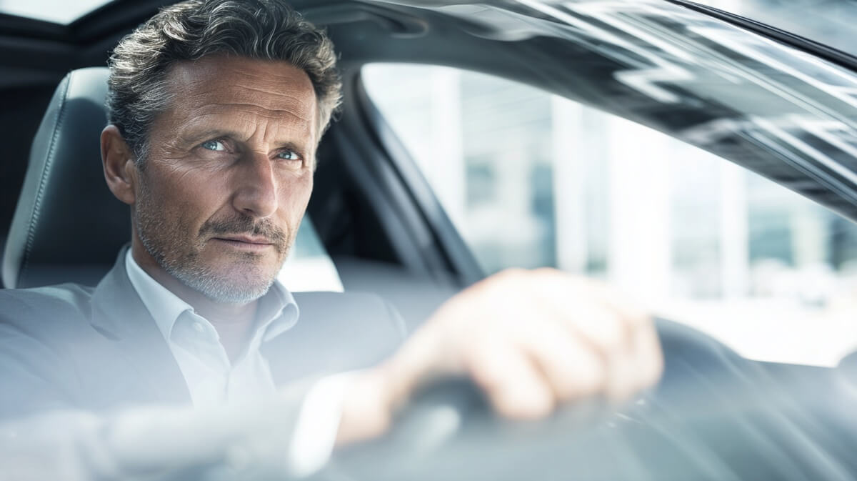 Conducteur senior regardant son rétroviseur préoccupé, en pensant avoir été flashé par un radar © SeniorActu