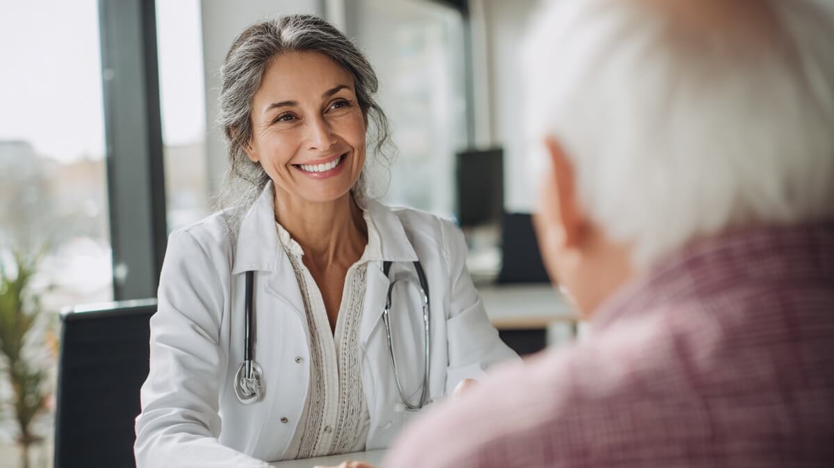 Une médecin généraliste en consultation avec un patient senior de 80 ans dans un cabinet médical © SeniorActu