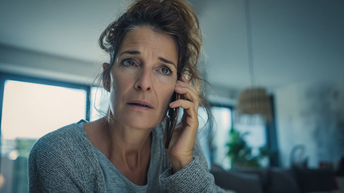 Une femme senior au téléphone avec inquiétude lors d'un appel suspect se son prétendu conseiller bancaire © SeniorActu