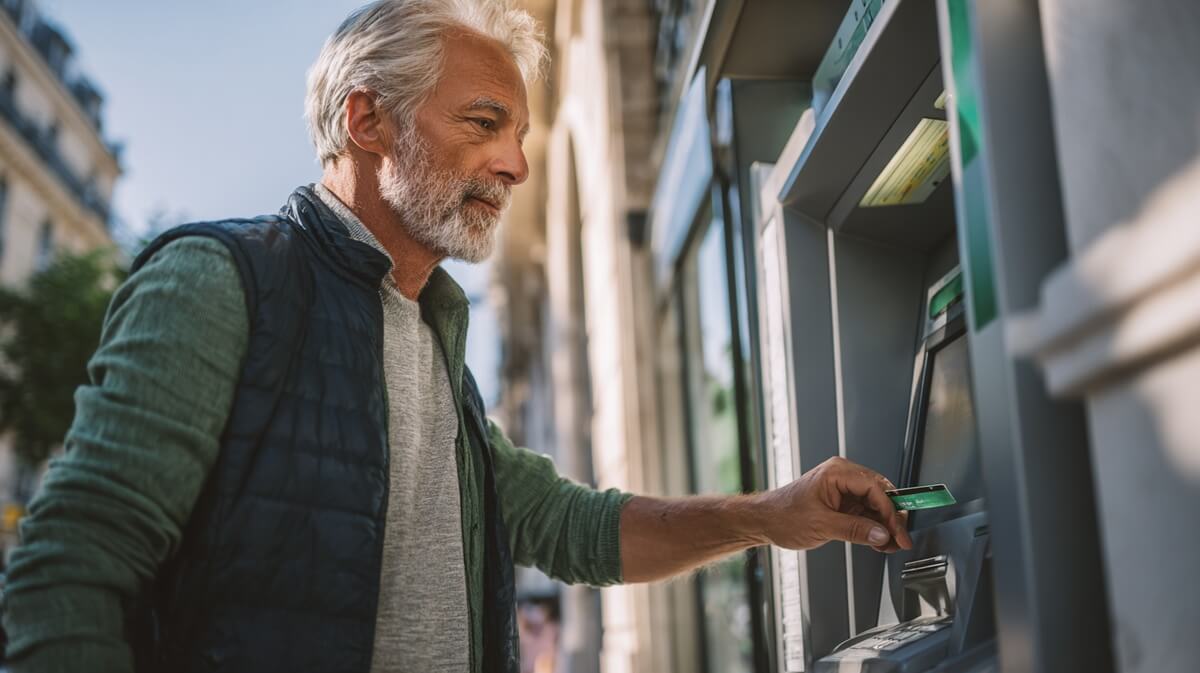 Senior retirant de l'argent liquide dans l'un des derniers DAB de sa commune © SeniorActu