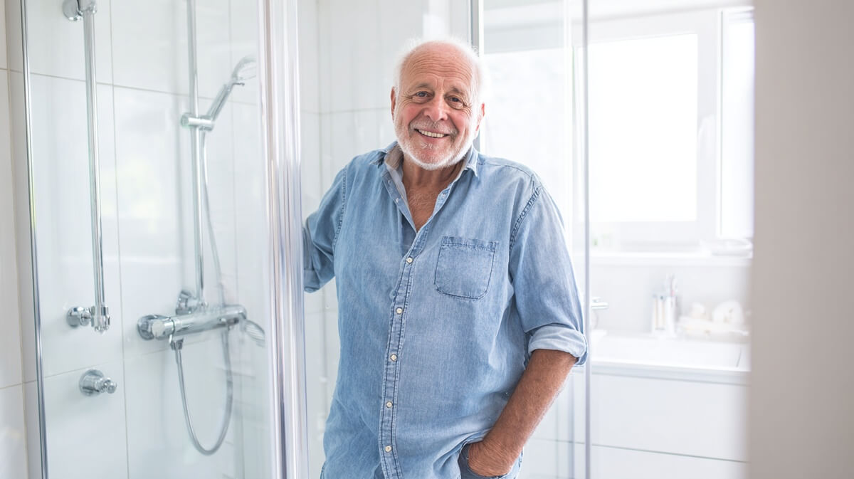 Un senior dans sa salle de bain adaptée avec douche à l'italienne et barres d'appui © SeniorActu
