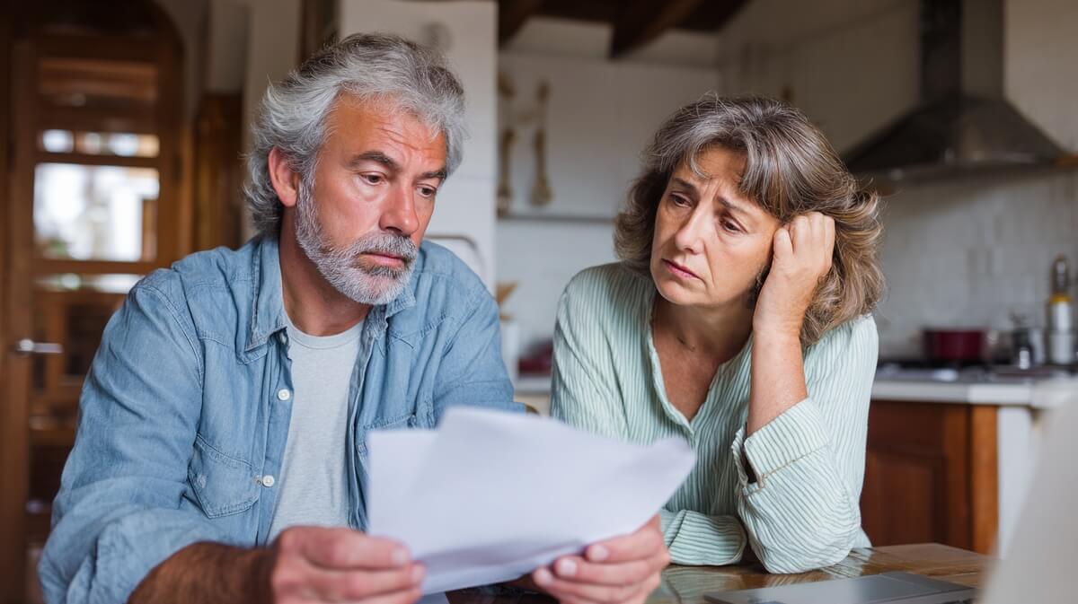 Un couple de seniors examine avec inquiétude un courrier d'assurance à leur table de cuisine © SeniorActu