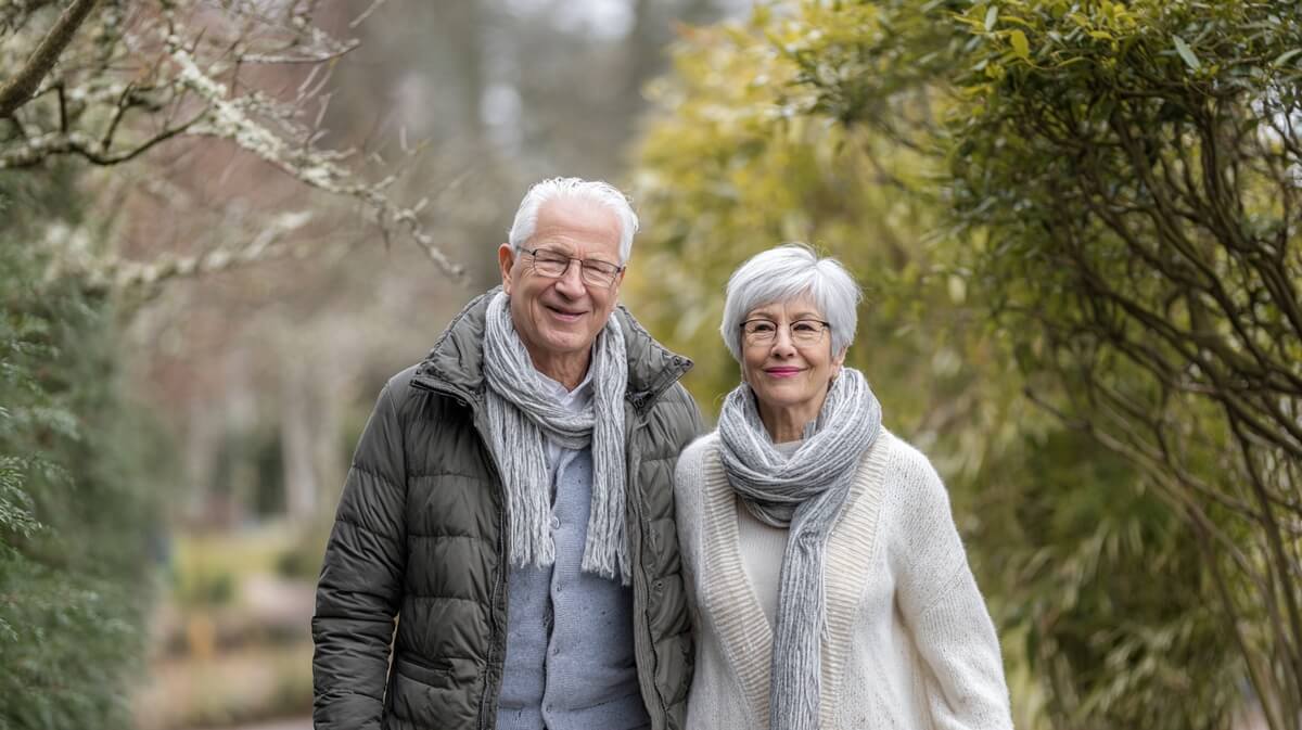 Couple de seniors français souriant, marchant dans un parc en hiver © SeniorActu