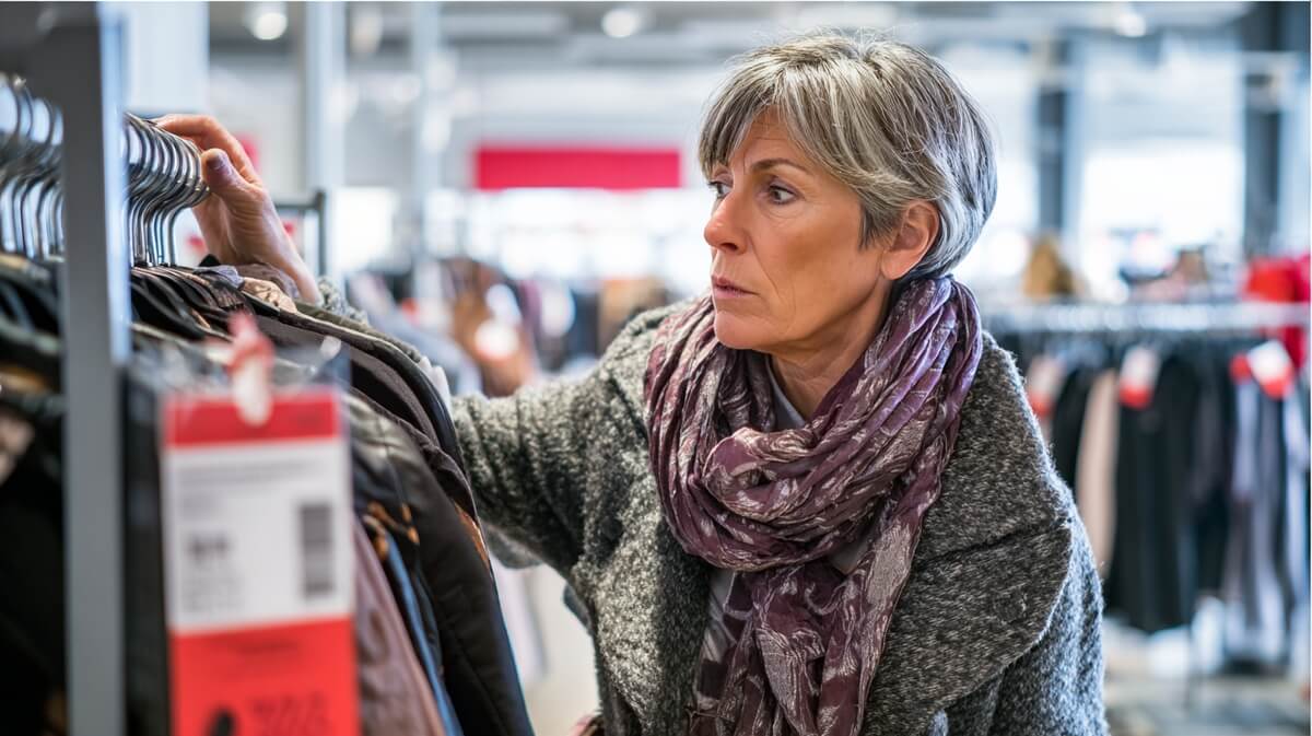 Une femme senior examine avec attention les étiquettes de prix pendant les soldes d'hiver, l'air dubitatif © SeniorActu